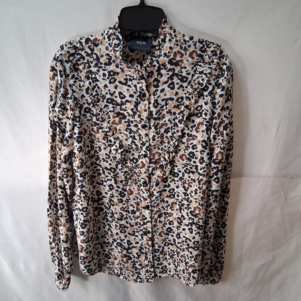 Anthropologie Maeve Katia Women Leopard Ruffled Button Down Top Long Sleeve-10